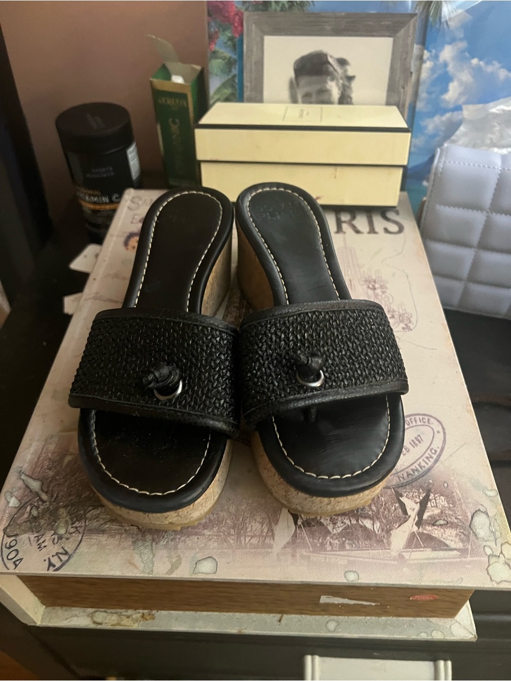 Black Woven Slide Clog Wedges for Women